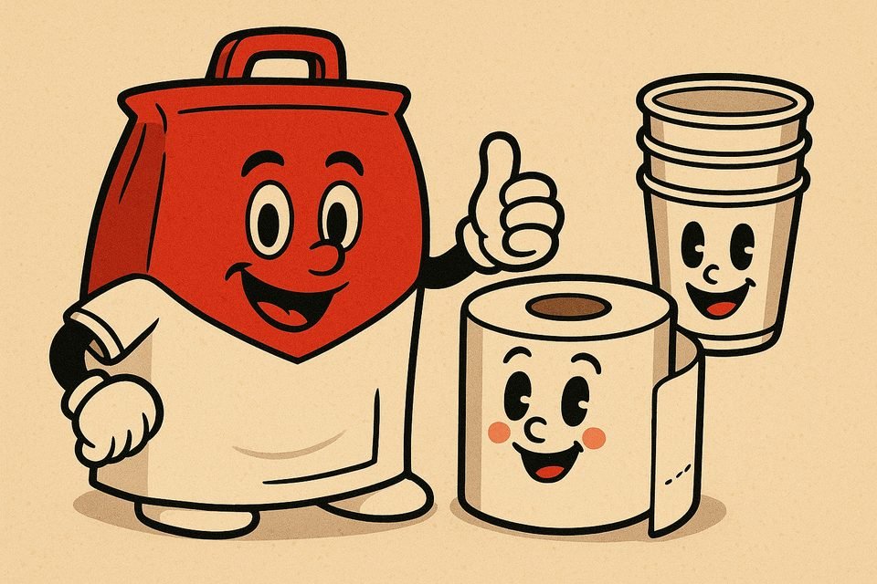 Ilustración de productos FELO: bolsa de residuos, papel higiénico y vaso descartable